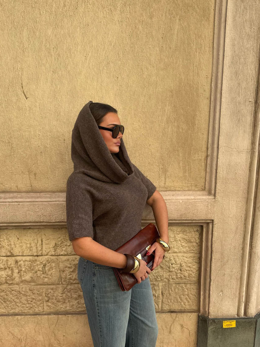 Taupe high-neck knit vest