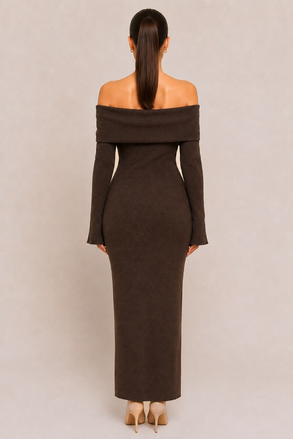Brown off-shoulder knit maxi dress – back