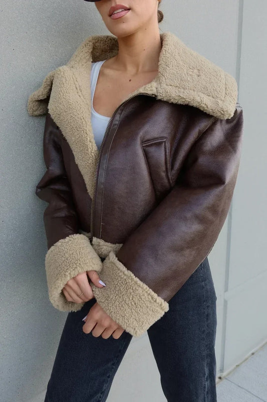 Blouson aviateur Alma marron col moumoute