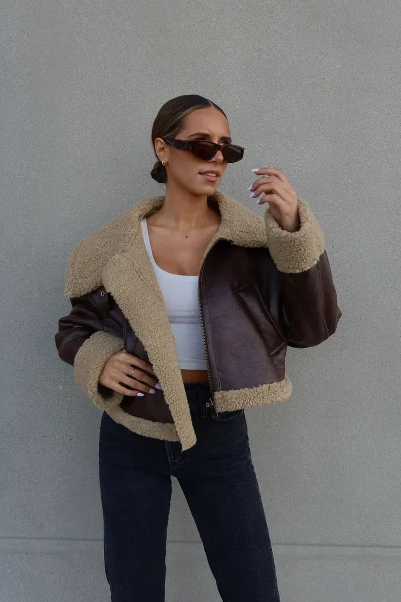 Blouson aviateur Alma marron col moumoute