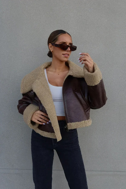 Blouson aviateur Alma marron col moumoute