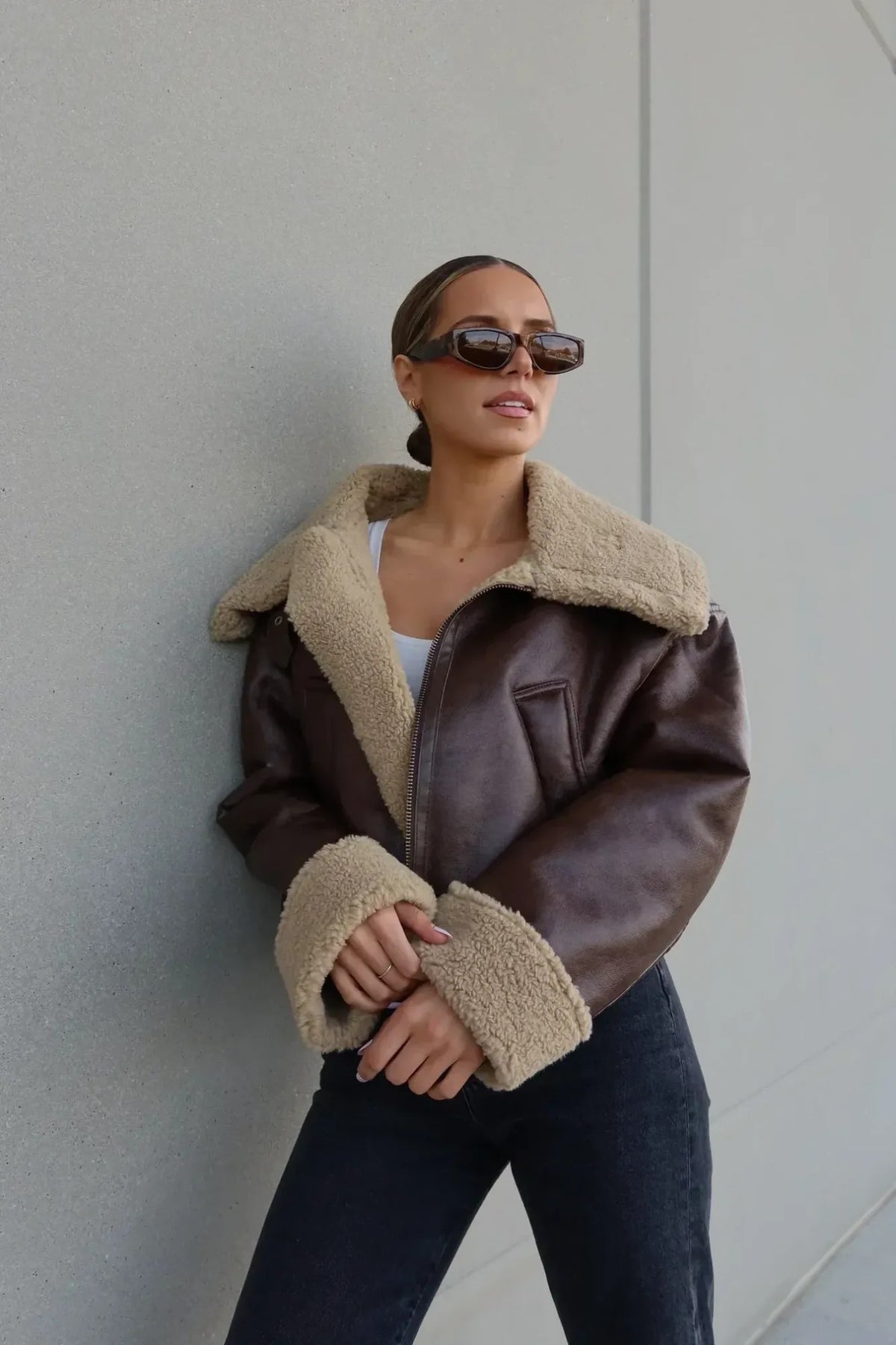 Blouson aviateur Alma marron col moumoute