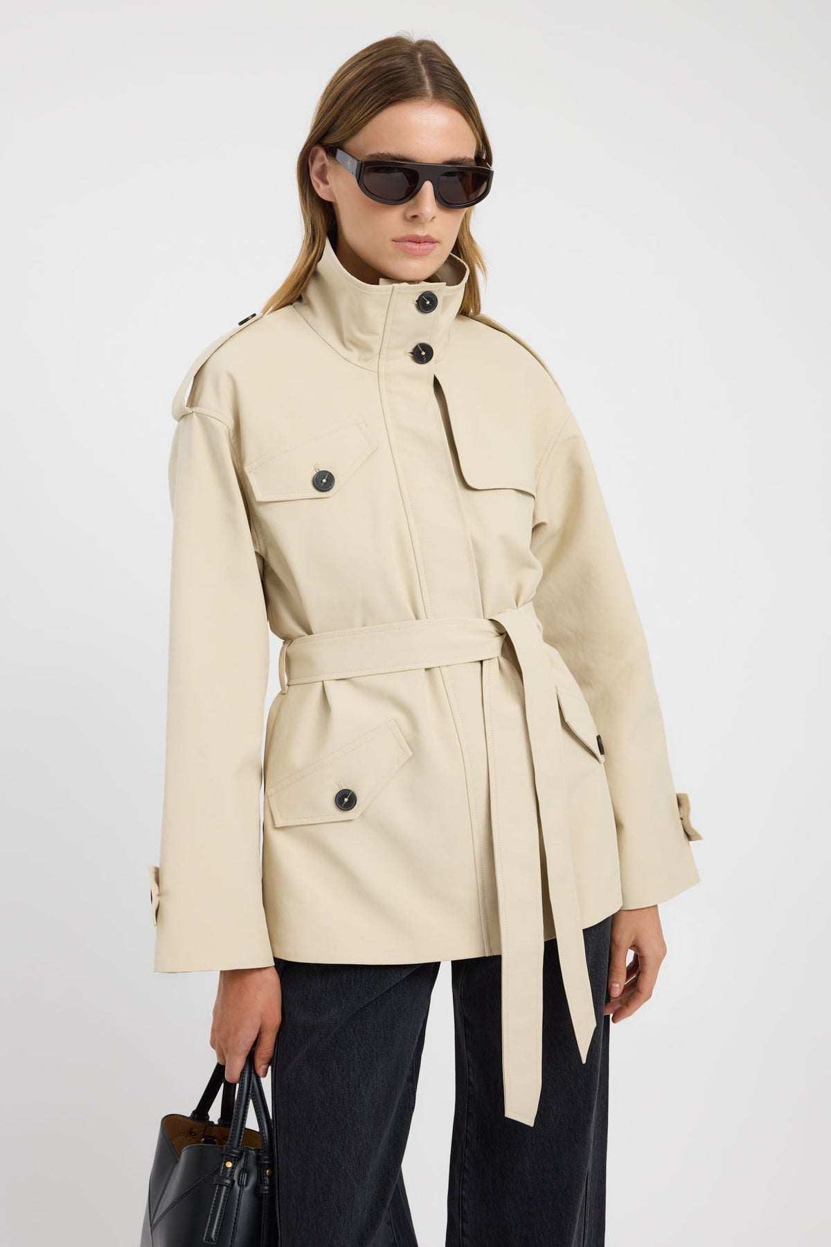 Beige belted funnel-neck trench