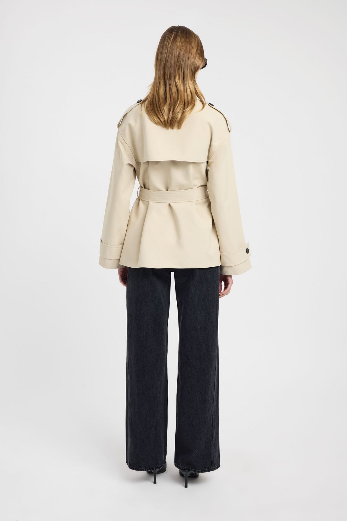 Beige belted funnel-neck trench