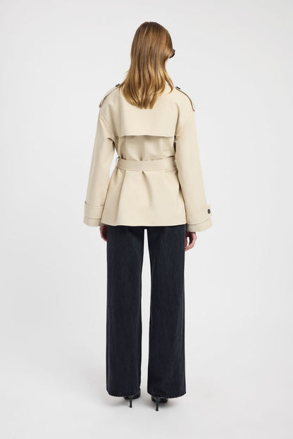 Beige belted funnel-neck trench
