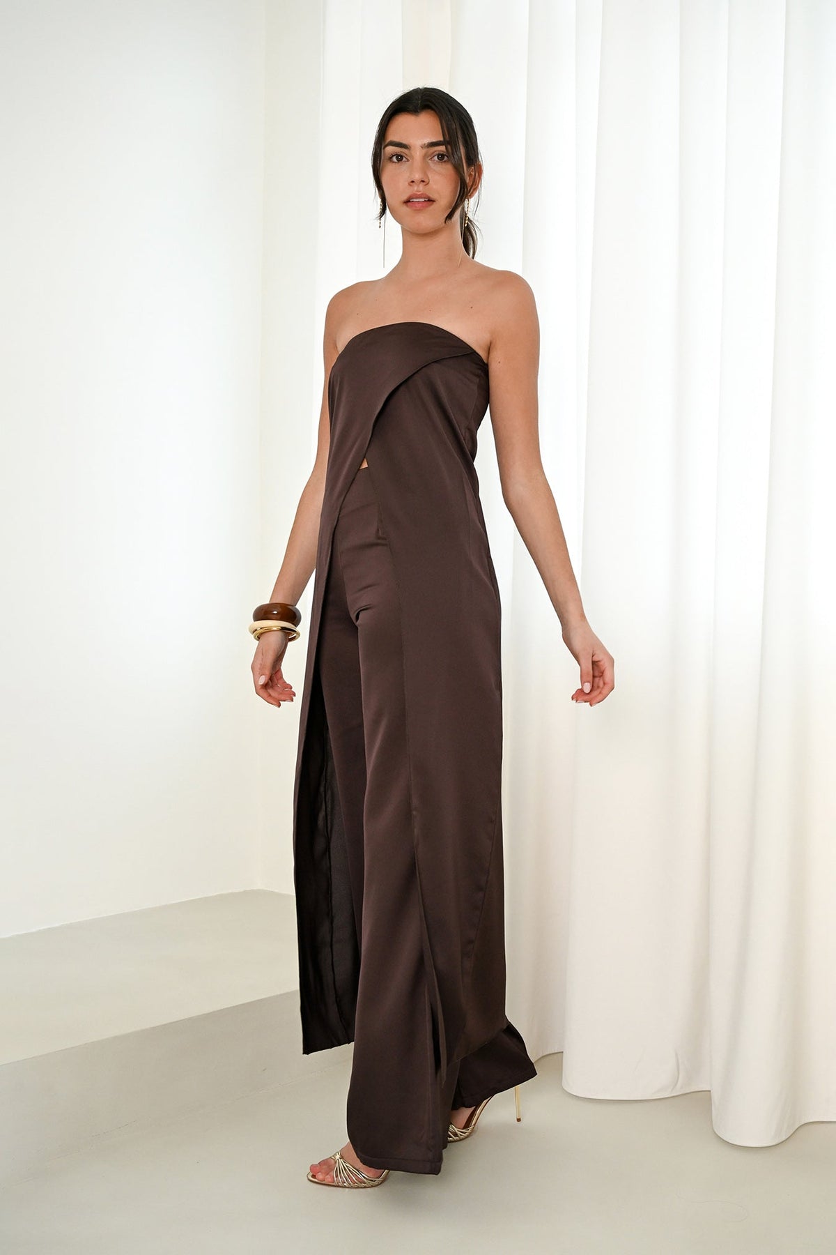 Chocolate satin wrap bandeau top