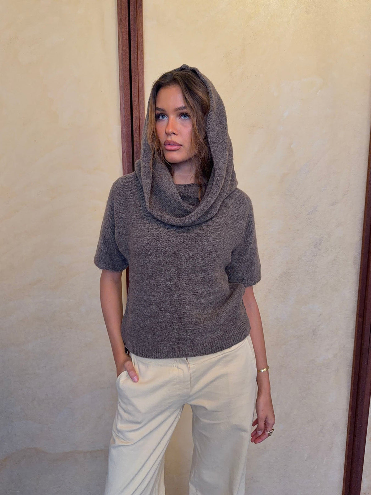 Taupe high-neck knit vest