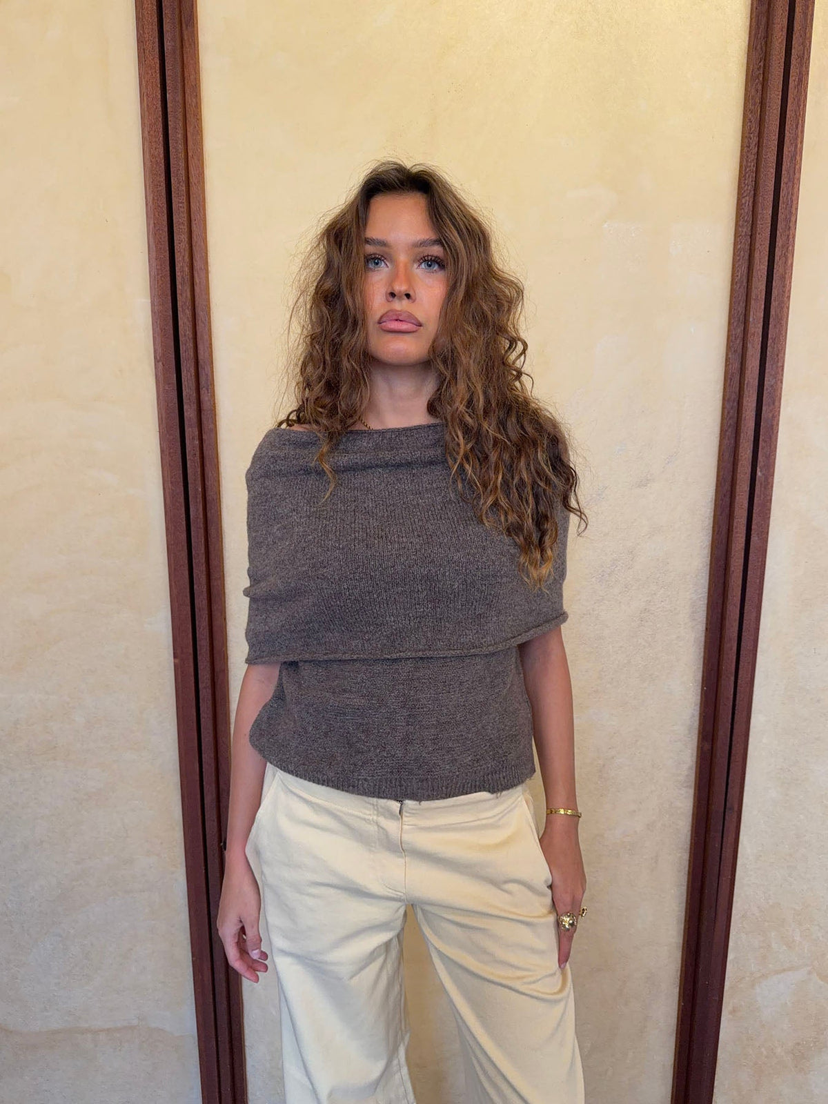 Taupe high-neck knit vest