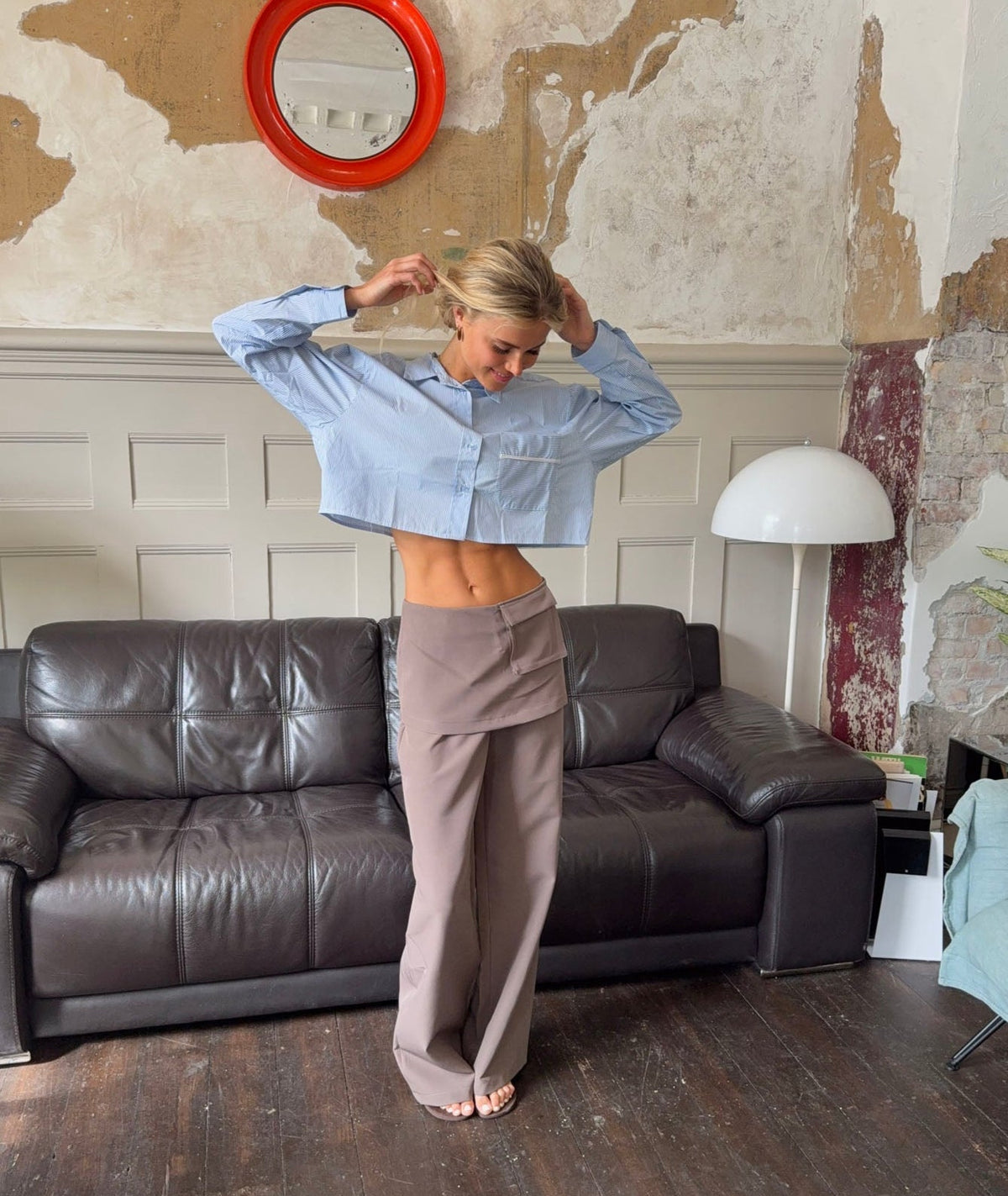 Taupe skirt-panel trousers
