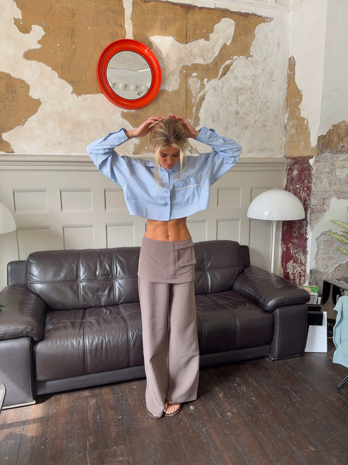 Taupe skirt-panel trousers