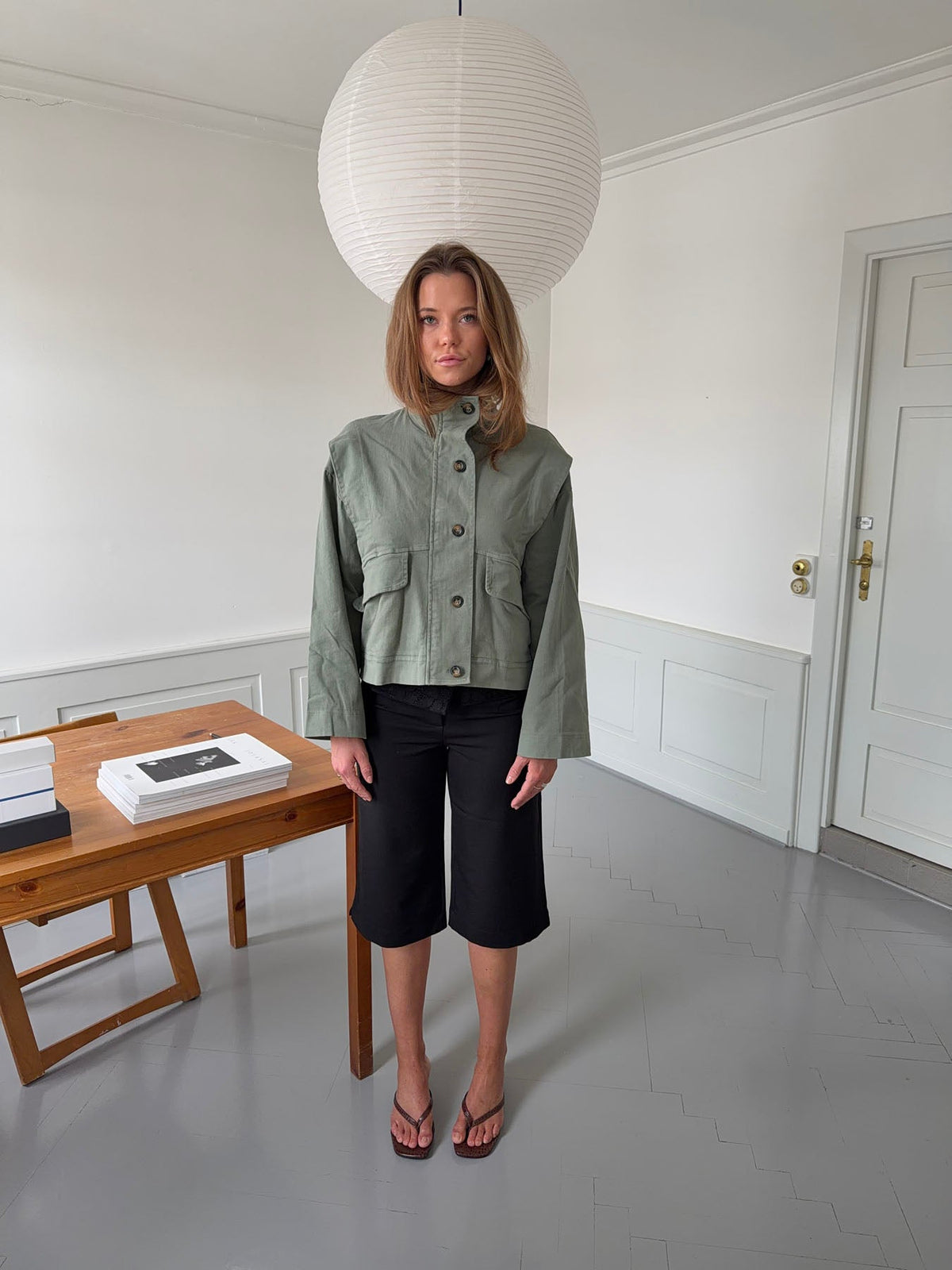 Khaki cropped denim jacket