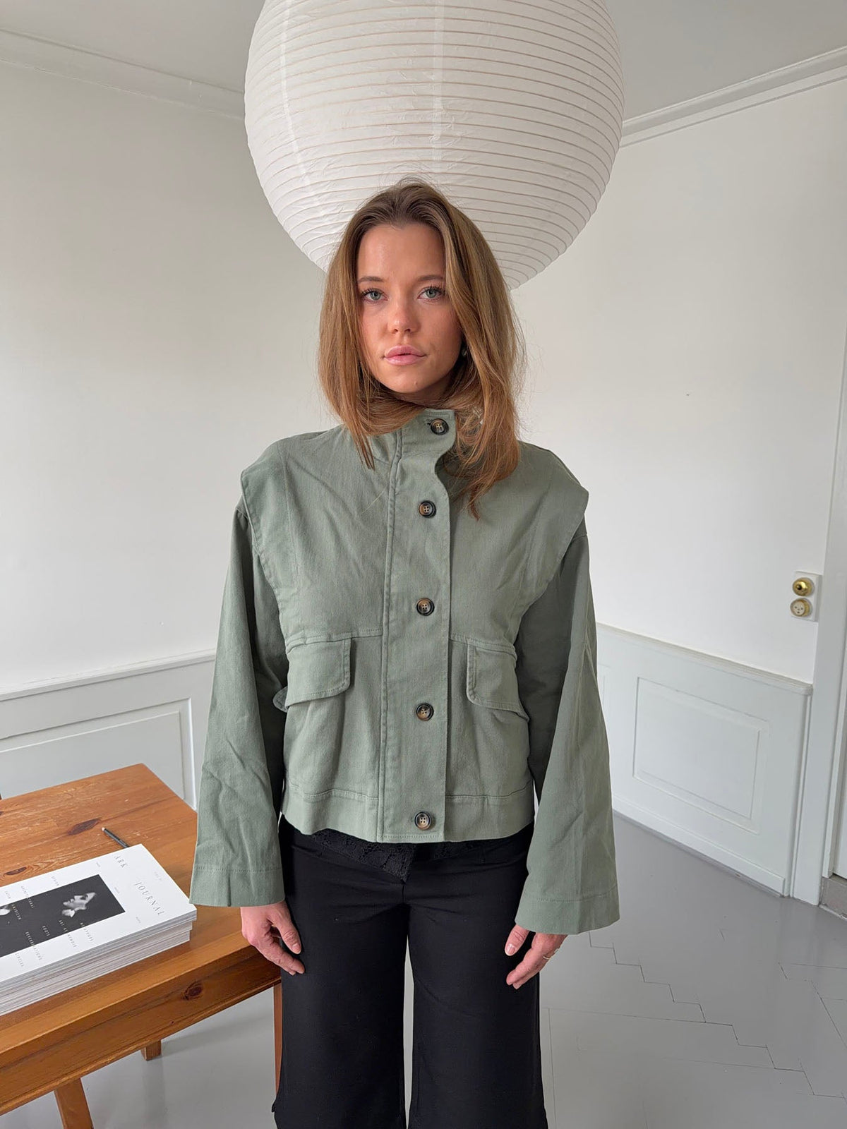 Khaki cropped denim jacket