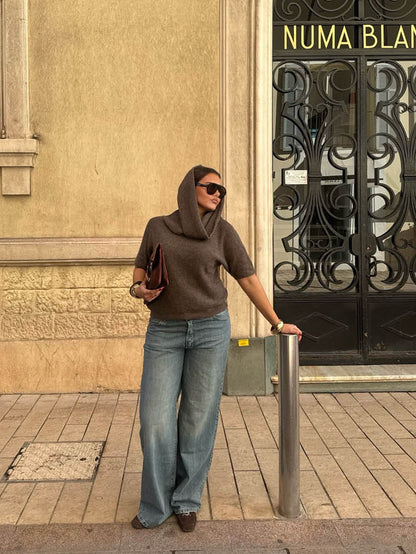 Taupe high-neck knit vest