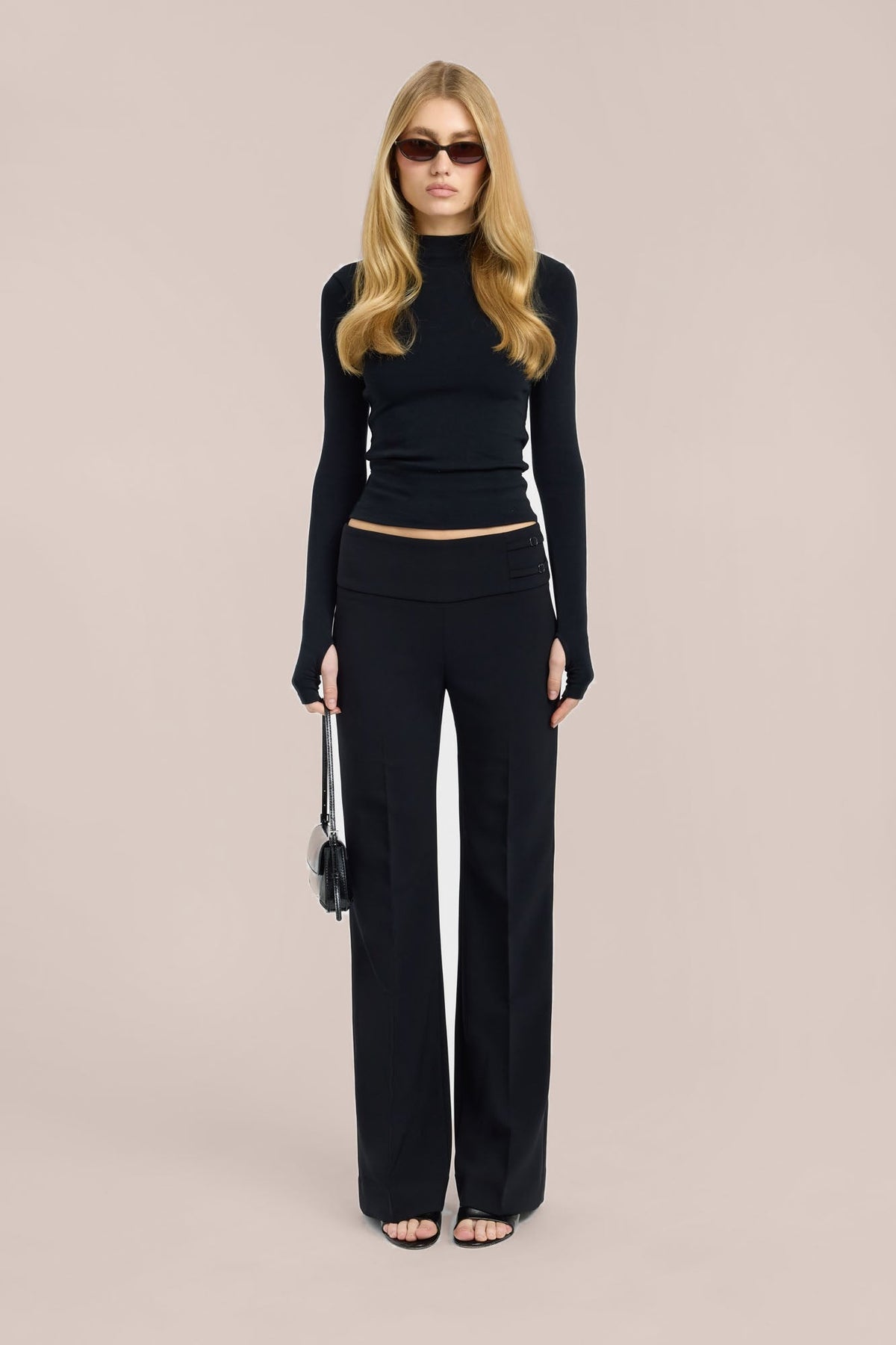 Black wide-leg trousers with wide waistband