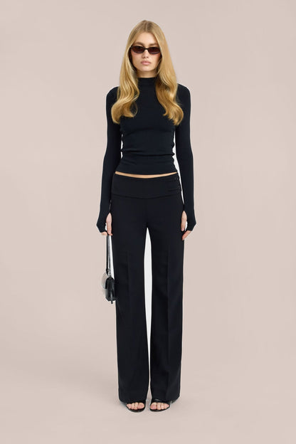 Black wide-leg trousers with wide waistband