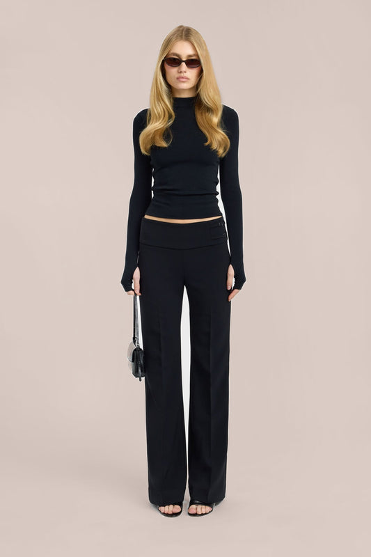Black wide-leg trousers with wide waistband