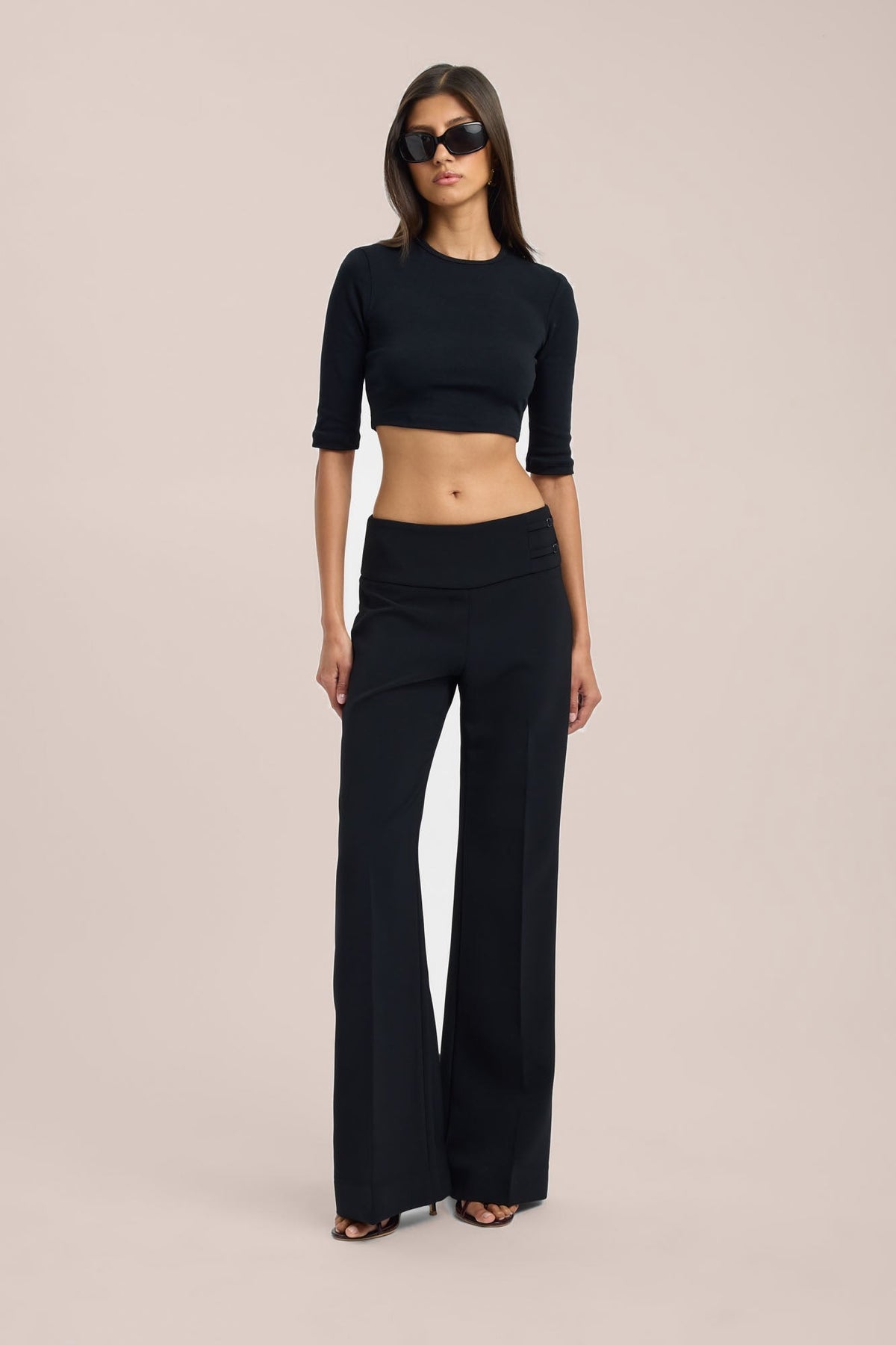 Black wide-leg trousers with crop top
