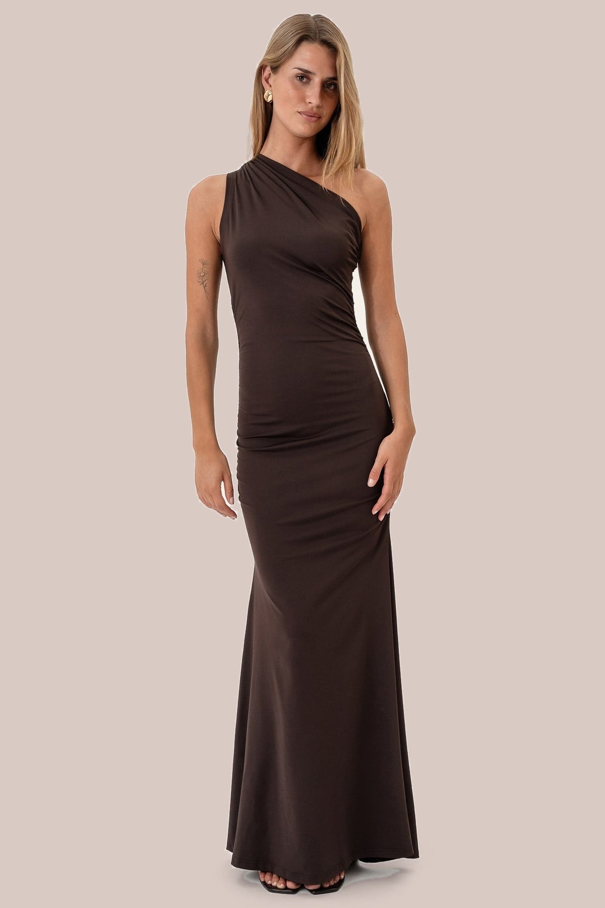 Chocolate one-shoulder maxi dress – front
