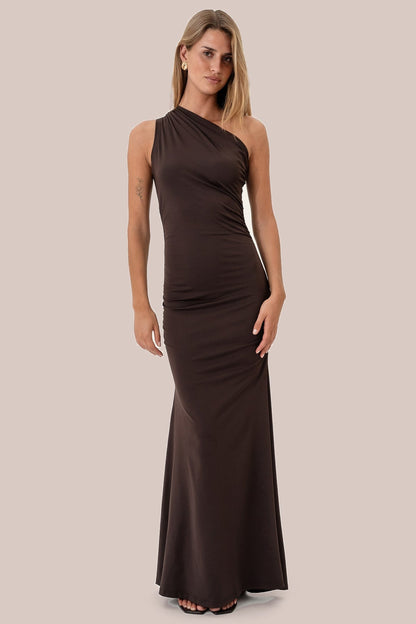 Chocolate one-shoulder maxi dress – front