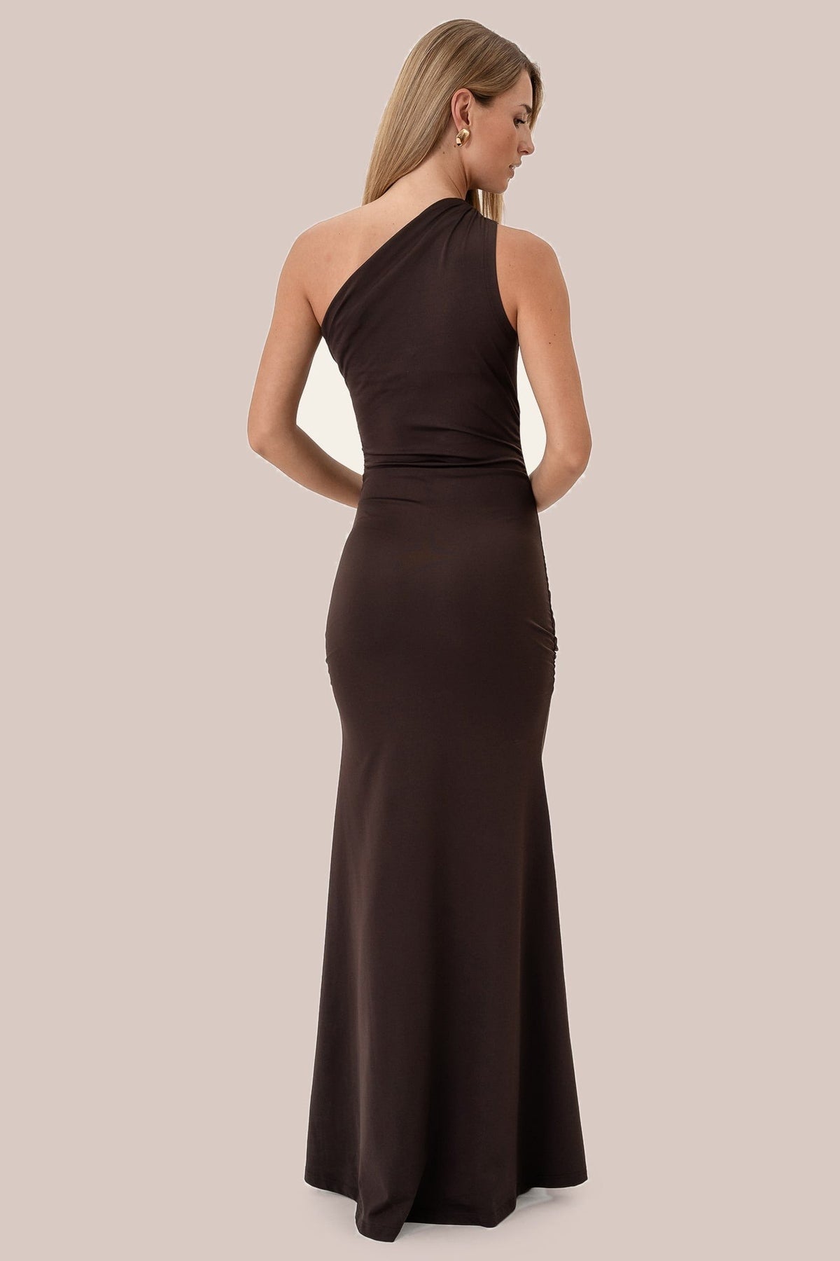Chocolate one-shoulder maxi dress – back