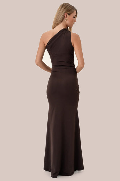 Chocolate one-shoulder maxi dress – back