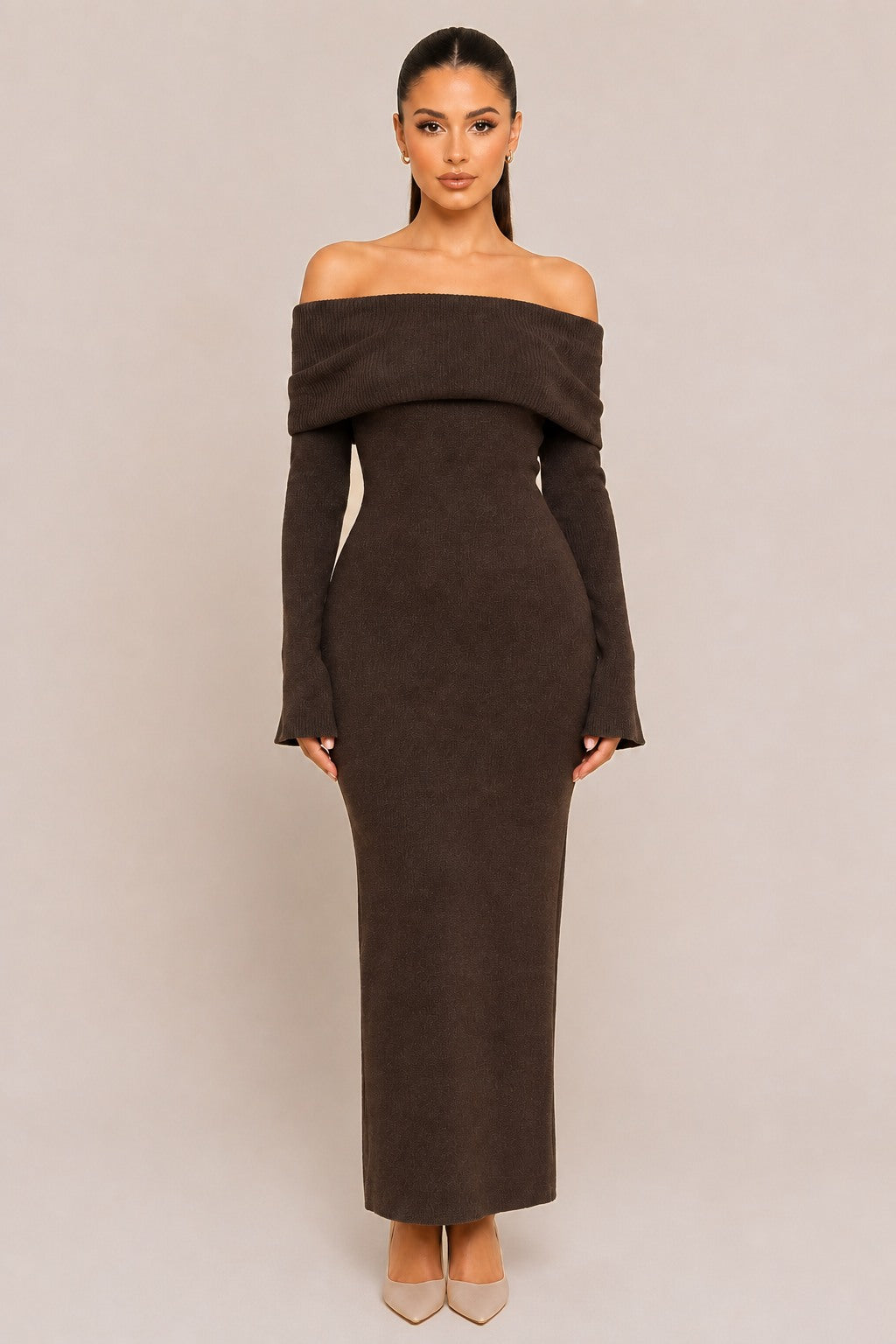 Brown off-shoulder knit maxi dress – front