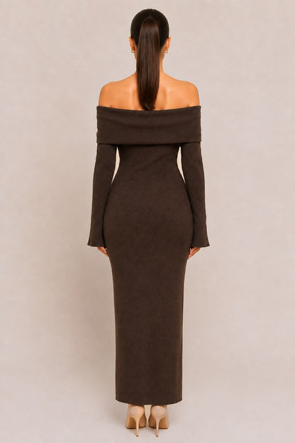 Brown off-shoulder knit maxi dress – back
